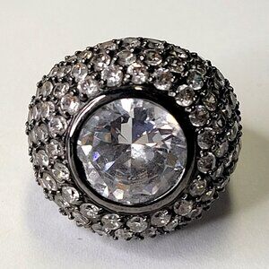 Clear Crystals Rhinestone Hematite Toned Statement Ring Size 5.5- NEW